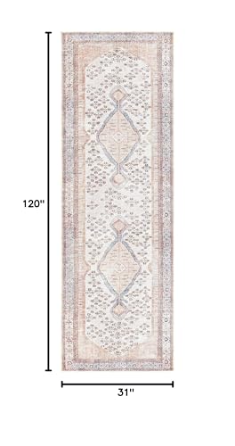 Hauteloom Stella Boho Vintage Runner Rug - Farmhouse Traditional Medallion Carpet for Hallway, Kitchen - Machine Washable - Tan, Pink, Peach, Sage, Blue, Cream - 2'7" x 10' (2x10) - color: Aqua, Black, Blush / Moora, size: 2'7" x 10' (Runner)