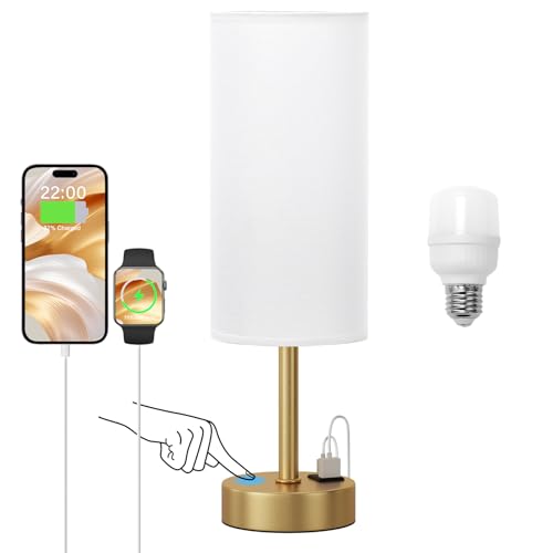 Dicoool Elegant Gold Touch Table Lamp, Modern Wedding Gift for Couples, Bedside Lamps with USB-C USB-A Charging Ports, 3 Way Dimmable Small Lamp for Office, Living Room, Bathroom - color: White-Gold, size: 14in