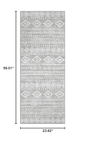 Lahome Runner Rug Non Slip 2x5, Washable Low Pile Laundry Room Rug, Farmhouse Grey Tribal Print with Rubber Backing, Soft Indoor Front Door Carpet Runner for Kitchen Hallway Entry Bathroom Varena - color: Grey/White, size: 2' x 5'