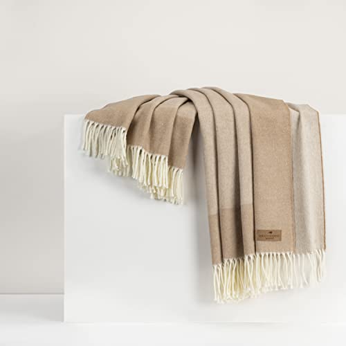 Lands Downunder All-Season, Luxury Dune Border Herringbone Throw – Soft Woven Throw with Decorative Fringe – Made in Italy – 51”W x 67”L - Perfect for Gifting - color: Dune