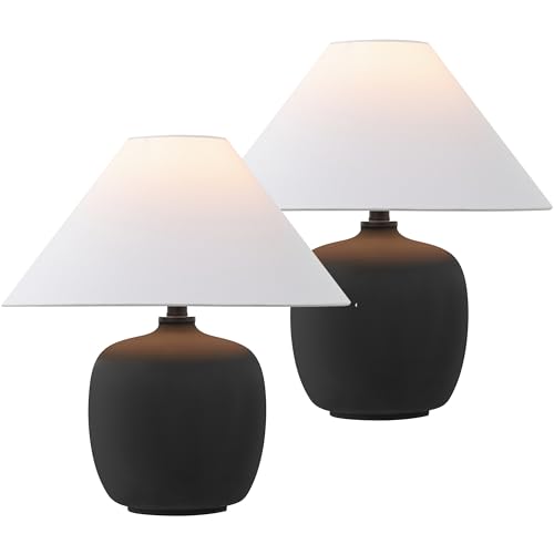 JONATHAN Y 18.25" Matte Black Minimalist Table Lamps Set of 2 for Bedroom, White Linen Shade, Modern Scandinavian Bedside Lamps for Living Room Nightstand, LED Bulbs Included JYL5600A-SET2 - color: Matte Black