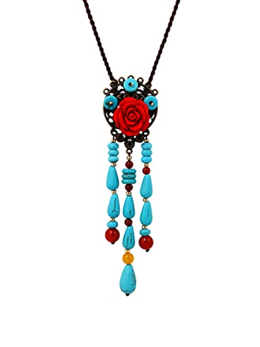 MINACHI Vintage Bohemian Colorful Ceramic Bead Antique Flower Y Necklace, Vintage Boho Hippie Statement Jewelry Gift for Women - color: S08