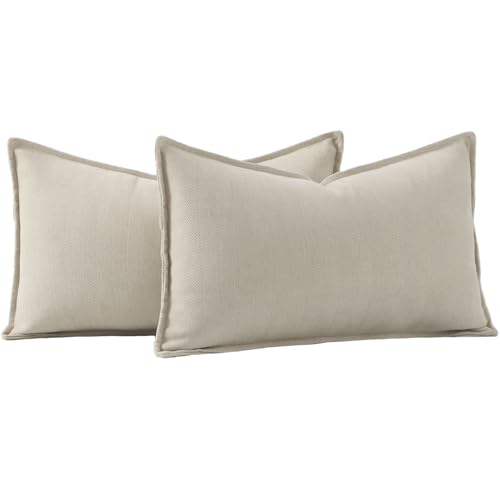 MADIZZ Textured Chenille Throw Pillow Covers Pack of 2 Natural Soft Decorative Accent Pillowcases Boho Neutral Couch Throw Pillow for Bed Home Decor for Sofa Livingroom 12x20 inch Beige - color: Beige, size: 20" x 12" (Pack of 2)
