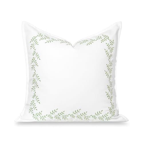 Hofdeco Premium Grandmillennial Patio Indoor Outdoor Throw Pillow Cover Only, 20"x20" Water Repellent for Backyard, Couch, Poolside, Grass Green Embroidered Leaves Frame - color: Grass Green Leaves Frame 20"x20"