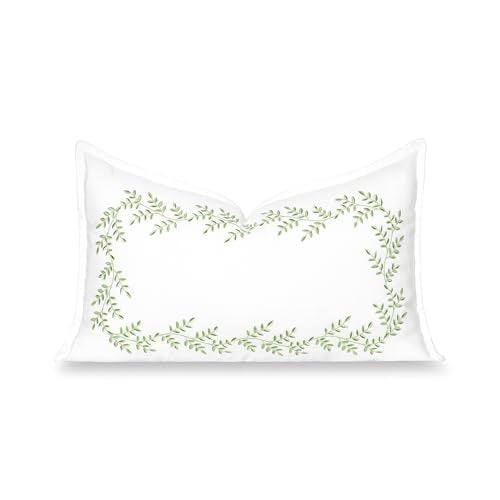 Hofdeco Premium Grandmillennial Patio Indoor Outdoor Lumbar Pillow Cover Only, 12"x20" Water Repellent for Backyard, Couch, Poolside, Grass Green Embroidered Leaves Frame - color: Grass Green Leaves Frame 12"x20"