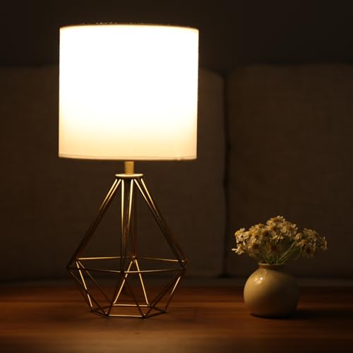 Gold Modern Small Table Lamp for Bedroom & Living Room - Geometric Metal Base, White Fabric Shade, Ideal for Bedside & Kids' Desk, Nightstand Lamp - color: Brass Gold
