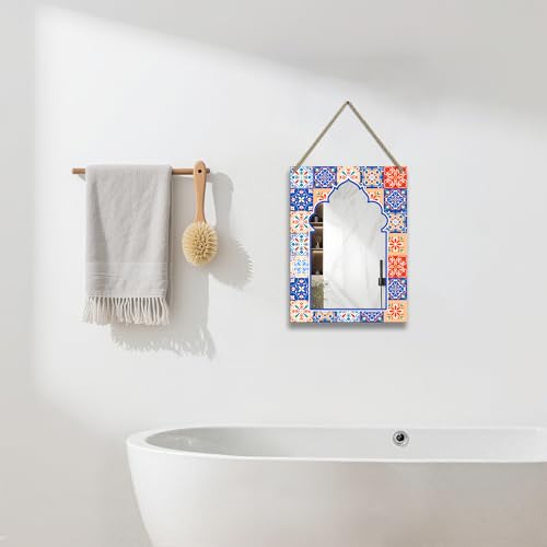 Rectangle Mirror for Wall, 12"x16" Decorative Wall Mirror, Flower Blue Mosaic Mirrors, Wall Mirrors Decor with Hanging Rope for Living Room, Entryway, Bedroom, Dining, Kitchen - color: Flower Blue