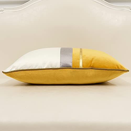 Avigers 22 x 22 Inches Yellow White Gold Leather Striped Patchwork Velvet Cushion Case Luxury Modern Throw Pillow Cover Decorative Pillow for Couch Living Room Bedroom Car - color: Yellow, size: 22" x 22" (Pack of 1)