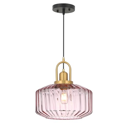 11.8in Mid Century Modern Pendant Light, Gold Large Pink Glass | Vintage Lighting Fixture Ceiling Hanging Lamp for Kitchen Island Foyer Dining Room Bedroom Entryway Hallway Over Sink Table - color: Pink & Gold Hardwire, size: 11.8in