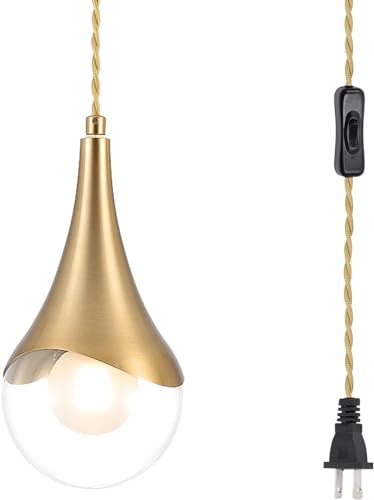 MWZ Gold Plug in Pendant Light,Hanging Lights with Plug in Cord On/Off Switch, Mini Brass Pendant Lights for Kitchen Island,Modern Raindrop Lamps Fixture with Globe Glass Shade for Bedroom - color: Gold, size: 1 Pack-Plug in