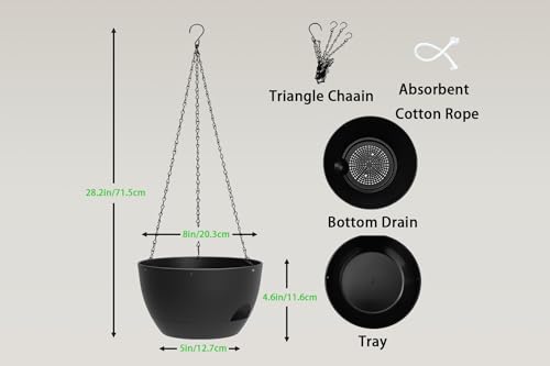 Hanging Planters 3-Pack, 8 Inch Self-Watering Hanging Pots with Drainage Hole and Chains, Plastic Planters for Indoor Outdoor（Black） - color: Black, size: 8 inches