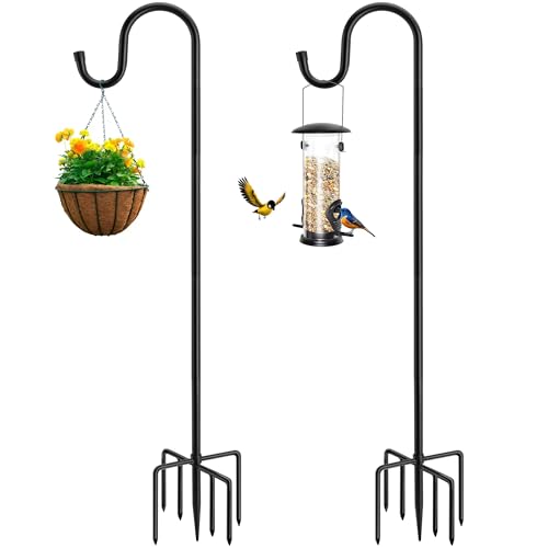 ANIDEER 84" Shepherds Hooks for Outdoor, Heavy Duty Garden Bird Feeder Pole Hanging Bird Feeder, Solar Light Lanterns, Outdoor Plant Hanger Hook with 7 Base Prongs, 2 Packs - size: 84 Inch, style: 2 Pack