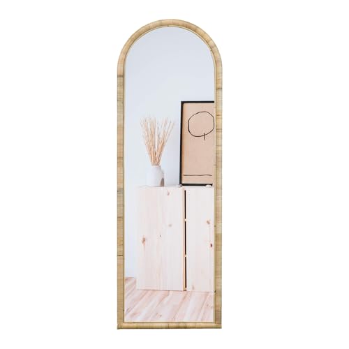 Arched Full Length Mirror, 63''x20'' Floor Mirror, Rattan Frame Full Body Mirror for Home Bedroom Checkroom Livingroom Boho Decor (Natural Rattan)