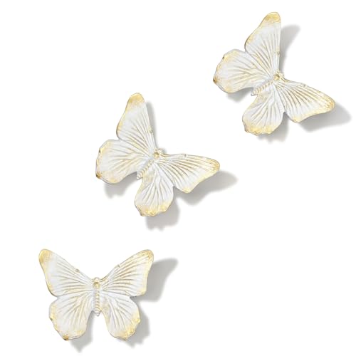 GUSFREUD 3D Butterfly Wall Decor Set – Resin Wall Decorations for Living Room, Bedroom, Garden, Yard, Outdoor and Gallery Walls - Ivory Gold - Set of 3 - color: white