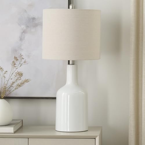 Nourison Home 22" White Glossy Ceramic Table Lamp with Oatmeal Linen Shade for Modern Farmhouse, Bedside Lamp, Living Room Lamp, Small Accent Lamp for Dining Room - color: White