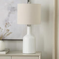 Nourison Home 22" White Glossy Ceramic Table Lamp with Oatmeal Linen Shade for Modern Farmhouse, Bedside Lamp, Living Room Lamp, Small Accent Lamp for Dining Room - color: White