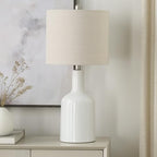 Nourison Home 22" White Glossy Ceramic Table Lamp with Oatmeal Linen Shade for Modern Farmhouse, Bedside Lamp, Living Room Lamp, Small Accent Lamp for Dining Room - color: White