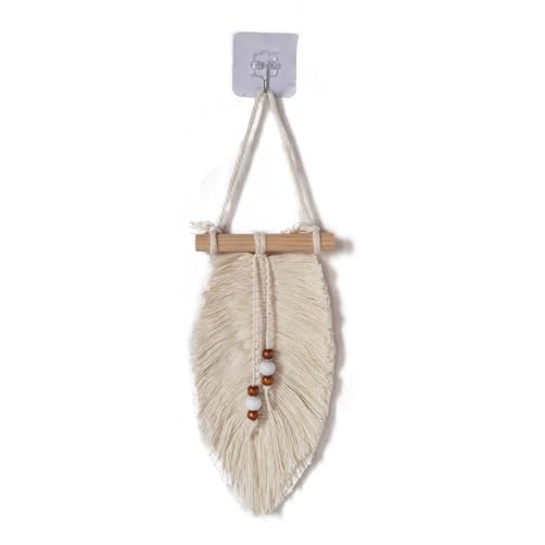 Megsv Handwoven Macrame Leaf Wall Hanging with Wood Beads - Natural Cotton Rope Wall Art for Boho Chic Home Decor, Rustic Interior Design (White)