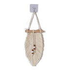Megsv Handwoven Macrame Leaf Wall Hanging with Wood Beads - Natural Cotton Rope Wall Art for Boho Chic Home Decor, Rustic Interior Design (White)