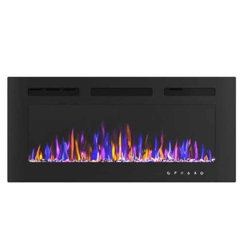 BETELNUT 36" Electric Fireplace Wall Mounted and Recessed with Remote Control, 750/1500W Ultra-Thin Wall Fireplace Heater W/Timer Adjustable Flame Color and Brightness, Log Set & Crystal Options - size: 36 Inch