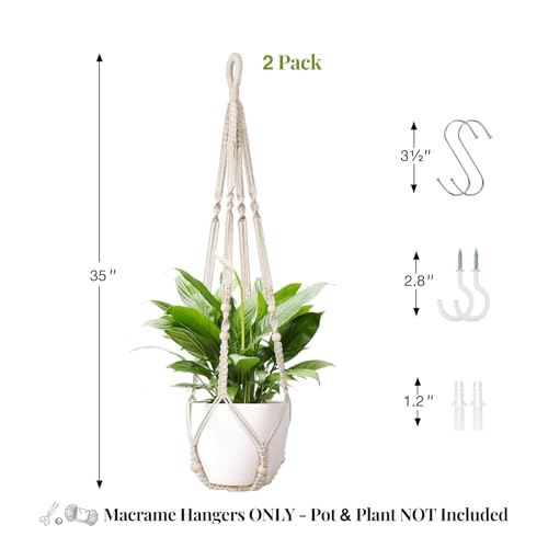 LEWESU Macrame Plant Hanger Indoor Set of 2 with 4 Hooks, Indoor Outdoor Hanging Planter for Plants Holder with Decorative Wood Beads & No Tassels, Boho Home Decor, 35 Inch Ivory (Pots Not Included) - color: Ivory, size: 35" Set of 2