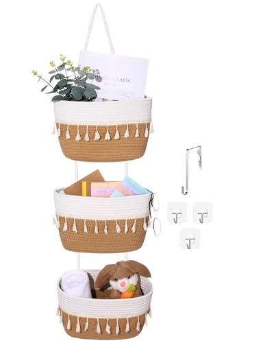 SiliFine Over The Door Hanging Basket Boho Woven Wall Hanging Baskets 3-Tier Cotton Wall Mounted Storage Organizer Bag Macrame Decorative for Kitchen Laundry Room Stairs(White, Jute) - color: White, Jute