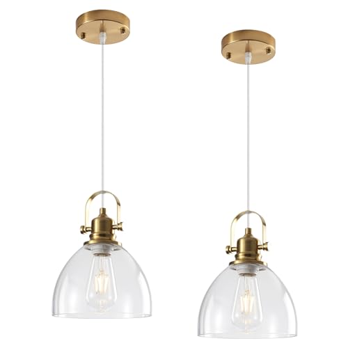 Gold Pendant Lights Kitchen Island 2 Pack, 7.5 inch Farmhouse Glass Pendant Lights, Vintage Gold Glass Pendant Light, Island Pendant Lights for Dining Rooms, Living Room, Bar - color: Clear Glass-Gold+Cord, size: 2-Pack