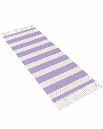 Purple Stripes Kitchen Runner Rug 2'x4', Washable Woven Cotton Area Rug with Tassels Bathroom Hallway Rug, Farmhouse White Simple Vertical Striped Entryway Bedroom Rug Non Slip Throw Rug Carpet - color: Purple, size: 2 x 4 ft