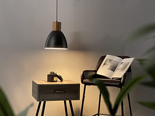 ELYONA Hammered Pendant Light, 10.2” Industrial Hanging Lamp with Solid Wood & Metal Shade, Modern Pendant Light Fixtures for Kitchen Island, Bar, Farmhouse Dining Room, Bedroom, Living Room, Black - color: Black - 1 Pack