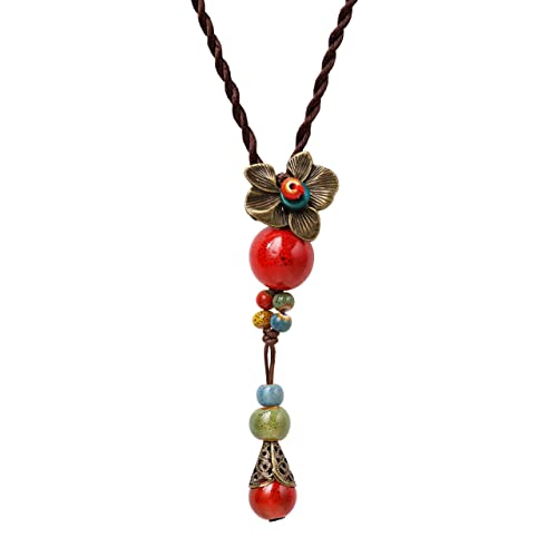 MINACHI Vintage Bohemian Colorful Ceramic Bead Antique Flower Y Necklace, Vintage Boho Hippie Statement Jewelry Gift for Women - color: S01B