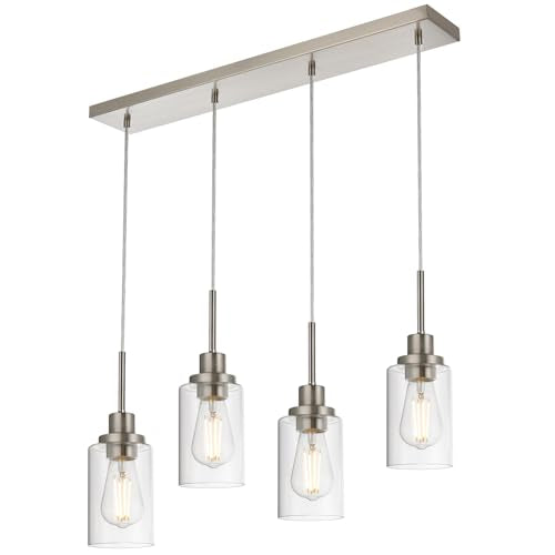 4-Lights Pendant Light Fixtures, Modern Brushed Nickel Kitchen Island Lighting with Clear Glass Shade, Adjustable Hanging Ceiling Lamp - color: Brushed Nickel, size: 4-Light