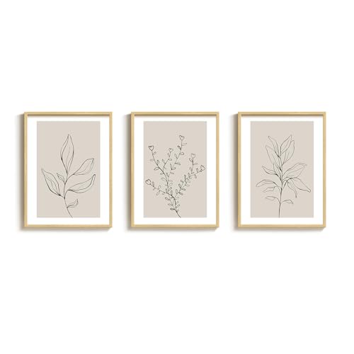 Framed Botanical Line Bedroom Wall Art, 3 Piece Neutral Leaf Print for Room Wall Decor, Minimalist Beige Plant Artwork for Walls, Botanical Picture for Living Room Guest Room Hallway Decor, 12x16 Inch - color: Neutral Beige