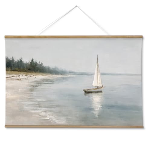 ARPEOTCY Extra Large Vintage Framed Wall Art, 36x54 Inch Coastal Ocean Sailboat Beach Landscape Hanging Canvas Prints Wall Art Decor for Living Room Bedroom, Retro Scenery Pictures Above of Bed - color: Sailboat Beach