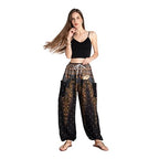 Tranquil Threads Women's Harem Pants with Pockets and Drawstring, Hippie Boho Yoga Clothes - color: Golden Black, size: Small