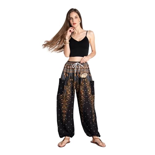 Tranquil Threads Women's Harem Pants with Pockets and Drawstring, Hippie Boho Yoga Clothes - color: Golden Black, size: Small