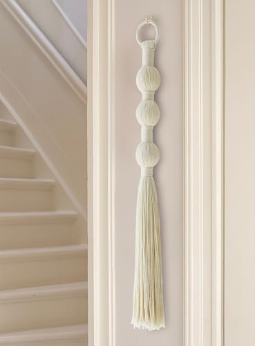 IOWER Macrame Wall Hanging Small Sphericity Cotton Textile Tassel Wall Hanging Fiber Yarn Art for Living Room Bedroom 27'' L x 2.3'' W - color: Ivory