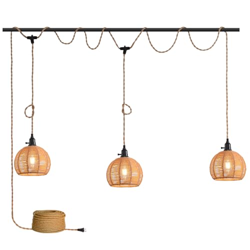 3-Light Hanging Light with Plug in Cord,Plug in Pendant Light 22ft Hemp Rope Pendant Lighting Vintage 3-Light Hanging Lamp Fixtures for Kitchen Island Living Room Bedroom - color: 3 Light 20CM Hemp Rope Shade