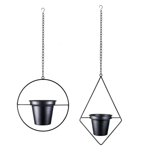Modern Metal Hanging Planters Set of 2 - Round and Diamond Geometric Plant Hangers with 5 Inch Pots - Black Wall and Ceiling Mount Flower Holders for Indoor Houseplants, Boho Home Décor - size: CIRCLE+DIAMOND - 5 INCH POT