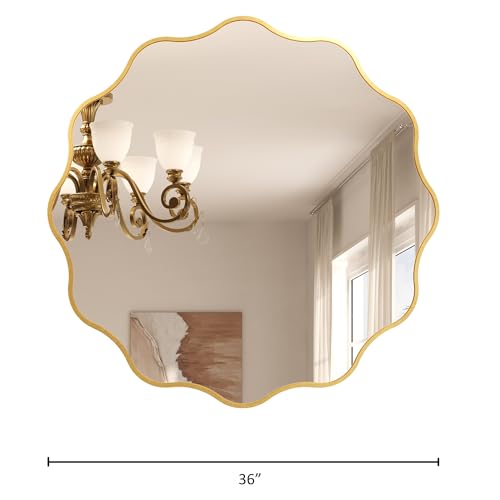 Kelly Miller 36 Inch Gold Round Wavy Mirror, Large Scalloped Edge Decorative Wall Mirror for Bathroom Bedroom Living Room Entryway Vanity Fireplace - size: 36"L x 36"W