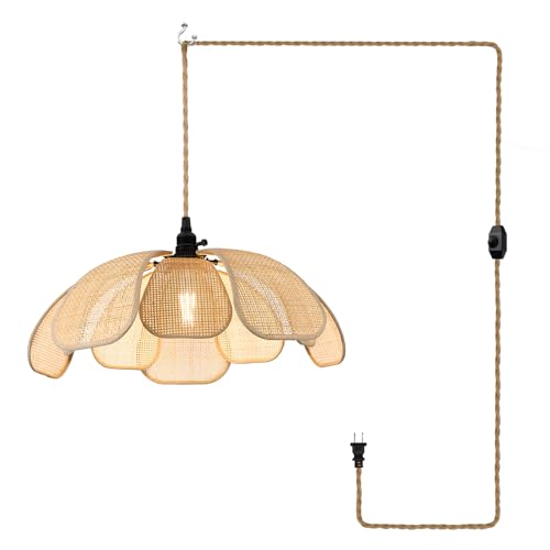 20 Inch Boho Flower Chandeliers for Dining Room Farmhouse Rattan Pendant Lights Girl Chandelier Hand Woven Bedroom Light Fixture Dimmable Plug in Hanging Lamp for Kitchen Island - size: 20 Inch Plug In