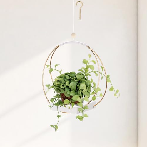 Adnkwolivt Mid Century Boho Macrame Metal Planter - Indoor/Outdoor Hanger, Conner Ceiling, Gift for Mom or Plant Lovers, Housewarming - color: Gold Metal/White Wood Base, size: 1 Pack