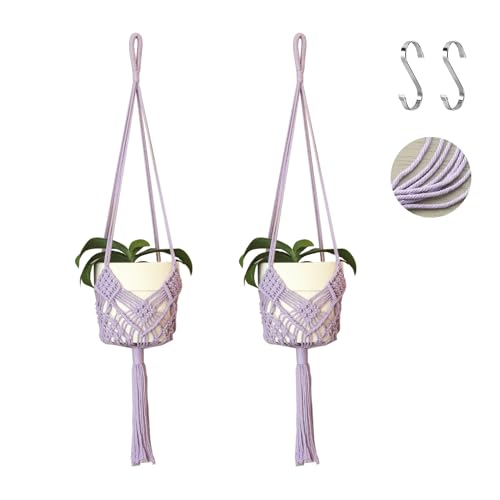 Hanging Planter with Patterns,2Packs Macrame Plant Hangers Indoor Macrame for up to 8 inch Pot Crochet Boho Plant Hanger Holder for Indoor Outdoor with 2S Shaped Stainless Steel Hooks (Purple) - color: Purple