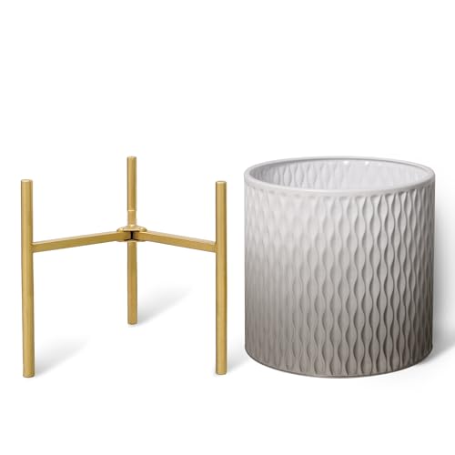 ARNIS Plants Pots with Stand,Set of 2 Flower Pots, Unique Mid Century Decorative Metal Flower Pots with Drainage,10.5&12.25 Inch, Grey and White - color: Grey & White, size: 10.5 &12.25