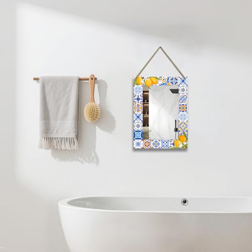 Rectangle Mirror for Wall, 12"x16" Decorative Wall Mirror, Lemon Blue Mosaic Mirrors, Wall Mirrors Decor with Hanging Rope for Living Room, Entryway - color: Lemon Yellow