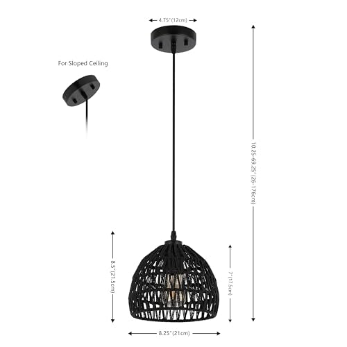 JONATHAN Y 8.25" Black Modern Bohemian Woven Rope LED Pendant Light Fixture, Adjustable Dome Ceiling Lamp for Kitchen Island, Rope Shade, Coastal Farmhouse Decor (JYL6512B) - color: Black, size: 8.25"