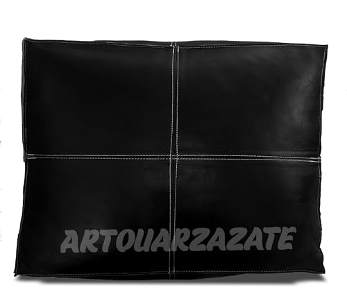 ARTOUARZAZATE Square Leather Pouf - Moroccan Pouf - Genuine Goatskin Leather - Bohemian Living Room Decor - Hassock & Ottoman Footstool - Unstuffed (Black, 18" D x 18" W x 14" H) - color: Black