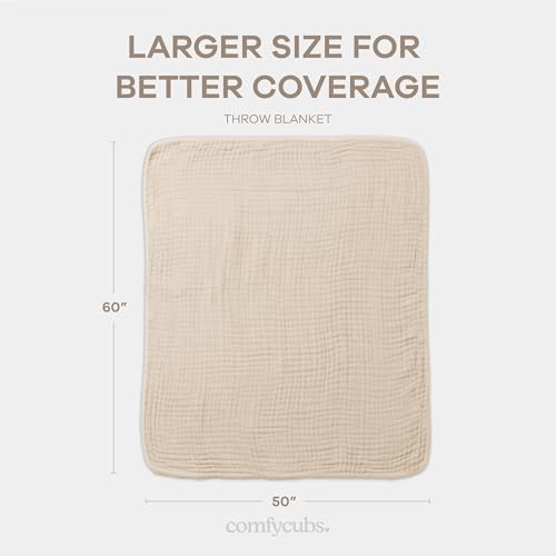 Comfy Cubs Muslin Throw Blanket - 50” x 60” Quilted Design - Lightweight, Breathable 6-Layer Gauze Fabric - Soft Cotton Blanket for Home or Travel - Packaged in Elegant Gift Box - Sand - color: Sand, size: Throw - 50" X 60"
