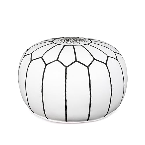 Marrakesh Gallery Genuine Leather Round Pouf Unstuffed - Moroccan Ottoman Footstool, Footrest Cover - Boho Decor - Bohemian Living Room, Bedroom, Kids Room, Gift & Wedding - color: White By Black