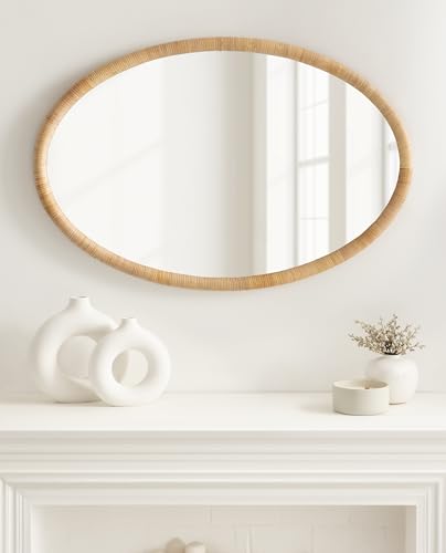Kate and Laurel Rahfy Boho Oval Rattan Wall Mirror, 24 x 36, Natural Wood, Decorative Rounded Mirror with Authentic Rattan Frame for Use as Bathroom Vanity Mirror or Bohemian Bedroom Mirror