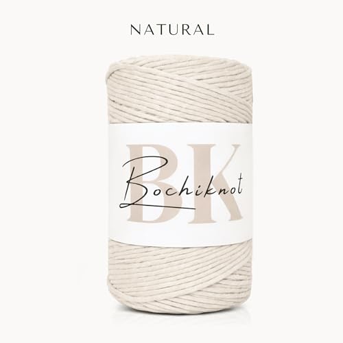 BOCHIKNOT Single Strand Macrame Cord 4mm x 240yds (220m) – Soft Cotton Macrame Rope for Beginners, Easy to Knot for Wall Hangings, Plant Hangers, Fringe and DIY Crafts - color: Natural, size: (4mm x 219m) - Single Strand Twist